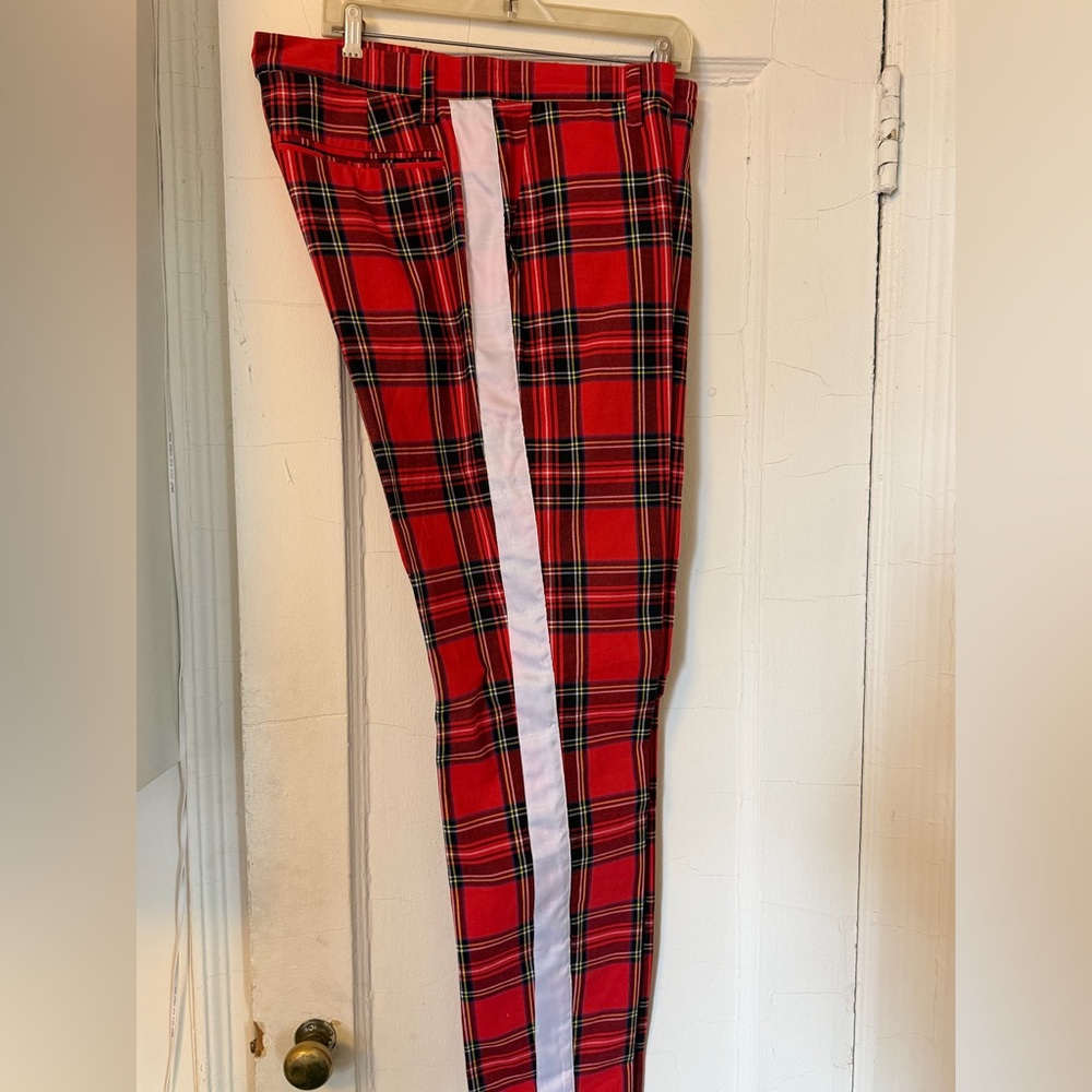 Elwood Red Plaid Pants with White Tuxedo stripe